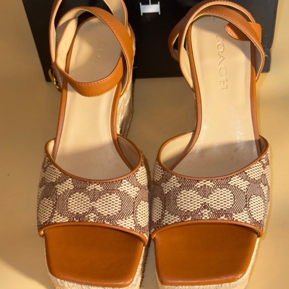 COACH Espadrille Signature Textile Jacquard Wedge Sandals.